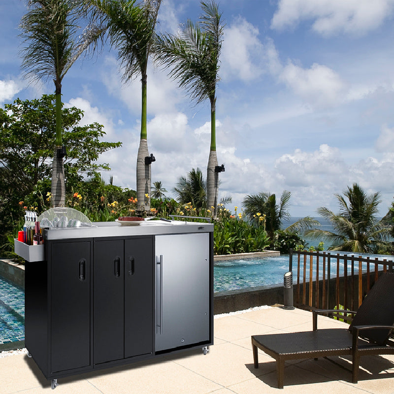 Lifestyle mock-up photo of portable outdoor kitchenette located poolside on patio with palm trees and ocean in background.